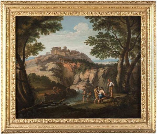 Paesaggio Fluviale Con Borgo E Pescatori - view 1
