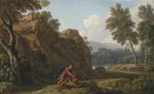 A Rocky River Landscape, With Hercules And The Nemean Lion by Andrea Locatelli