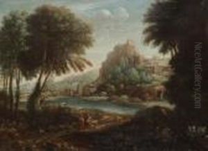 Zuiders Landschap Met Reizigers Bij Rivier Enstad In De Verte