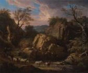 Paesaggio Roccioso Con Pastore E Armenti Presso Un Corso D""acqua by Andrea Locatelli