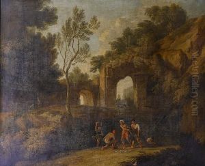 An Italianate River Landscape With Fishermenhauling In Their Nets Before A Waterfall