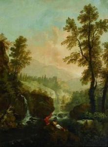 Pecheurs Devant Un Torrent Dans Un Paysage Classique