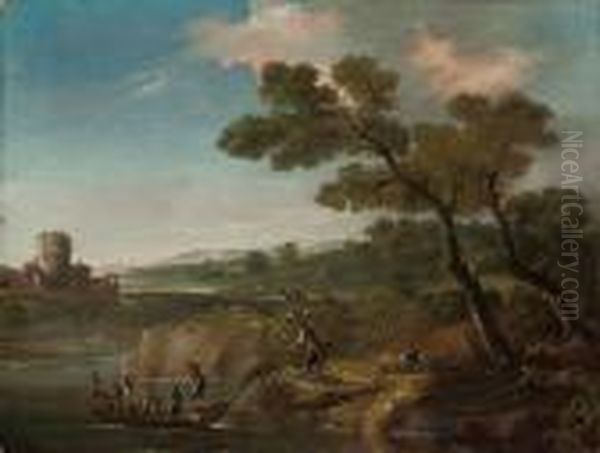 A Wooded River Landscape With Drovers At Rest And Figures In A Boat - view 1