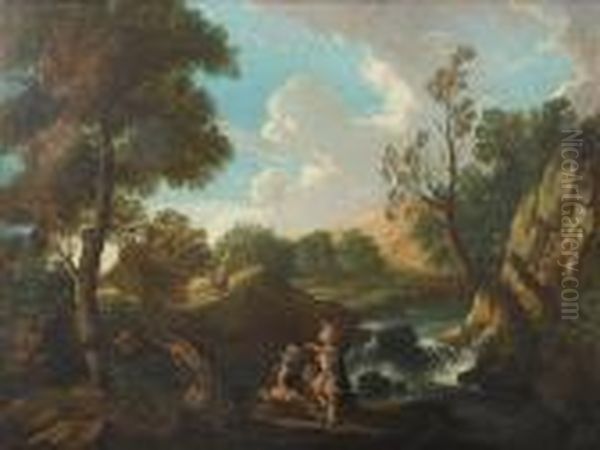 An Italianate Landscape With 
Classical Warriors Resting Beside A Waterfall, Travellers On A Path 
Beyond - view 1