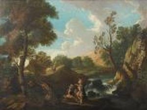 An Italianate Landscape With
Classical Warriors Resting Beside A Waterfall, Travellers On A Path
Beyond by Andrea Locatelli