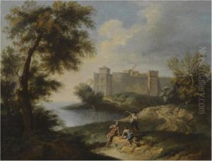 A Coastal Landscape With Figures In The Foreground And A Fortified Town Beyond by Andrea Locatelli