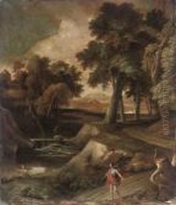 An Italianate Wooded River Landscape With A Fisheman On A Bank Anda Traveller On A Track by Andrea Locatelli