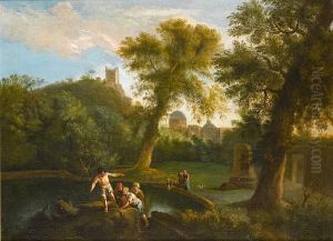 An Italianate Landscape With 
Washerwomen Andfigures Resting On Rocks Beside A Pool, A City In 
Thedistance
