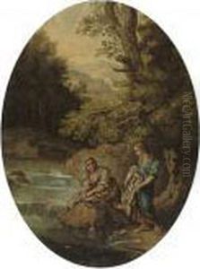A Wooded River Landscape With Washerwomen On A Bank by Andrea Locatelli