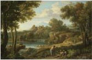 A Classical Landscape With Figures And A Herdsman Near Awaterfall, A Hilltop Fort Beyond by Andrea Locatelli