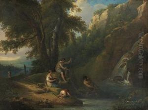 Pecheurs Relevant Leurs Filets Au Pied D'une Cascade Pecheurs Relevant Leurs Filets Au Pied D'une Cascade