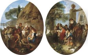 Peasants Eating And Drinking By A
 Cottage; And A Hunting Party Resting In A Wooded Landscape