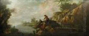 Italian River Landscapes With Hunters And Fishermen by Andrea Locatelli
