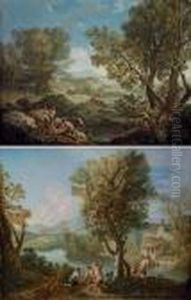 An Italianate Wooded Landscape
With Shepherds; And An Italianate River Landscape With Fishermen On A
Bank by Andrea Locatelli