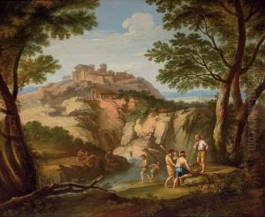 An Italianate River Landscape With Fishermen In The Foreground And A Hill Town Beyond by Andrea Locatelli