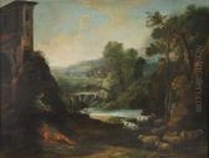 An Italianate Landscape With A Shepherdess Resting With Her Flock Beside A River