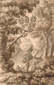An Italianate Landscape With Figures Resting In A Woodland Glade. by Andrea Locatelli