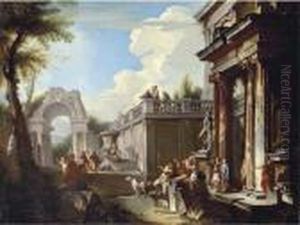 A Capriccio Of Classical Ruins With Figures By A Temple by Andrea Locatelli