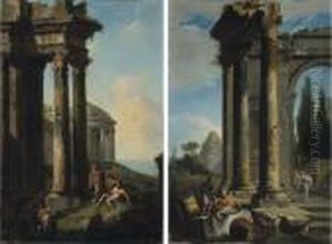 Paesaggio Con Rovine Antiche E Piramide; E Paesaggio Con Tempio Emarina In Lontananza by Andrea Locatelli
