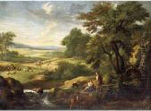 A Southern Landscape With 
Fishermen At The Edge Of A Brook, A Shepherd And Travellers Beyond by Andrea Locatelli