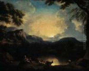 Paesaggio Lacustre Al Tramonto Con Figure E Armenti