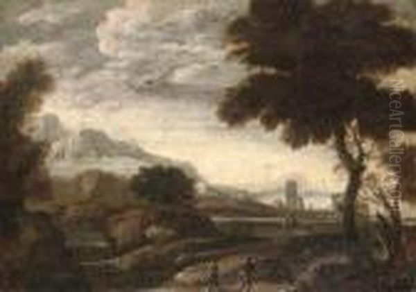 An Extensive River Landscape With Travellers On A Path - view 1