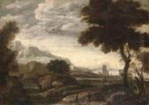 An Extensive River Landscape With Travellers On A Path by Andrea Locatelli