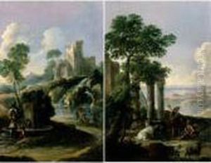 Landscapes With Shepherds And Other Figures Near Ruins And A Fountain by Andrea Locatelli