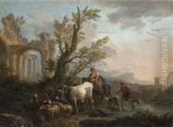An Italianate River Landscape With A Peasant Family Travelling With His Goats And Cattle - view 1