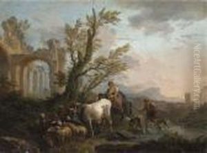 An Italianate River Landscape With A Peasant Family Travelling With His Goats And Cattle by Andrea Locatelli