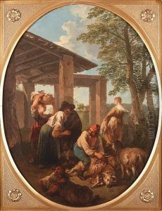 Peasants Sheep-shearing In An Italianate Landscape by Andrea Locatelli