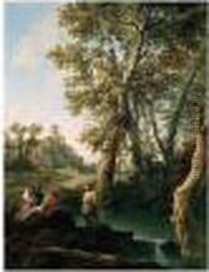 A Classical River Landscape With Fishermen And A Woman Resting By Rocks On A Bank A Classical River Landscape With Fishermen And A Woman Resting By Rocks On A Bank