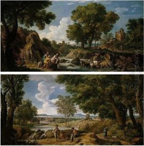 A Classical Landscape With Washerwomen And A Goat-herder By A River by Andrea Locatelli