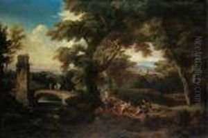 An Italianate Wooded River
Landscape With Pilgrims Resting, A Ruined Tower And A Bridge Beyond by Andrea Locatelli