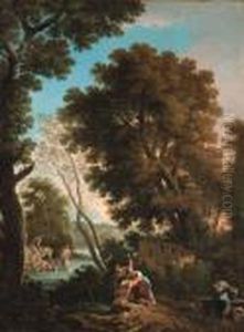 An Arcadian Landscape With
Washerwomen, A Shepherd And Sheperdesscrossing A Stream Beyond by Andrea Locatelli