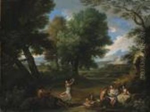 Nymphs And Satyrs In A Wooded Landscape by Andrea Locatelli