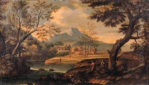An Italianate River Landscape With Travellers On A Track