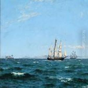 Seascape With Sailing Ships At Sea On A Cloudless Summer Day