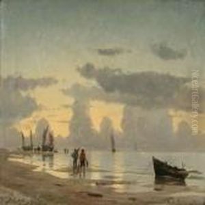 Early Morning On A Beach With Fishermen On Their Way To The Sea