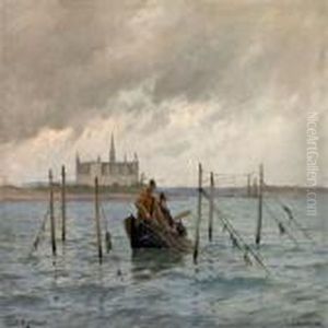 Costal Scenery At Kronborg Castle With Fishermen In A Boat