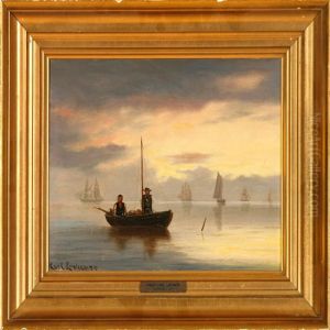 Two Fishermen In Their Boat Outside The Coast Of Hornbaek, Denmark