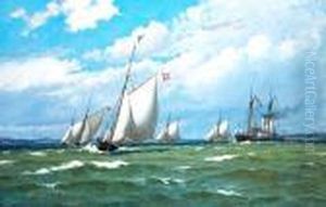 Ships In Escadre, Strong Breeze,
 Off The Shore Of Bjornsknude By Juelsminde. Signed Carl Locher by Carl Locher
