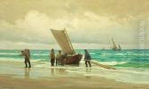 Costal Scene With Fishermen Landing Their Boat At The Beach by Carl Locher