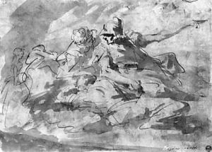 Two figures on clouds, with the sketch of a lady in profile Two figures on clouds, with the sketch of a lady in profile