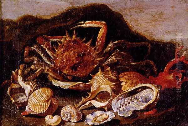 Still Life Of A Crab, Shells And Coral In A Landscape - view 1