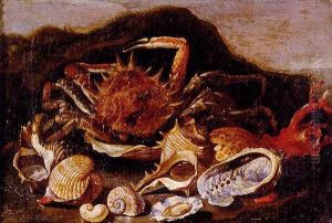 Still Life Of A Crab, Shells And Coral In A Landscape by Paolo Porpora