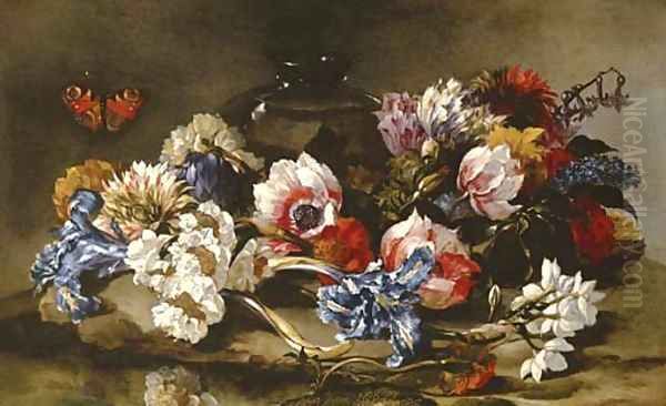Lilacs, roses, irises and other flowers on a stone ground with a glass vase and a peacock butterfly - view 1