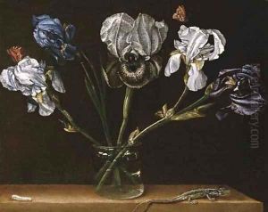 Irises in a glass jar, a lizard and a caterpillar on a tabletop by Paolo Porpora