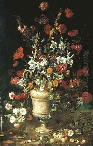 Roses, hollyhocks, lillies, convovulus and other flowers in a classical urn with fruit, a lizard and a snake - view 1