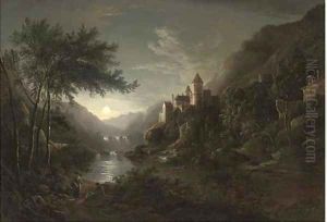 Figures beside a moonlit river with a castle on a hillside